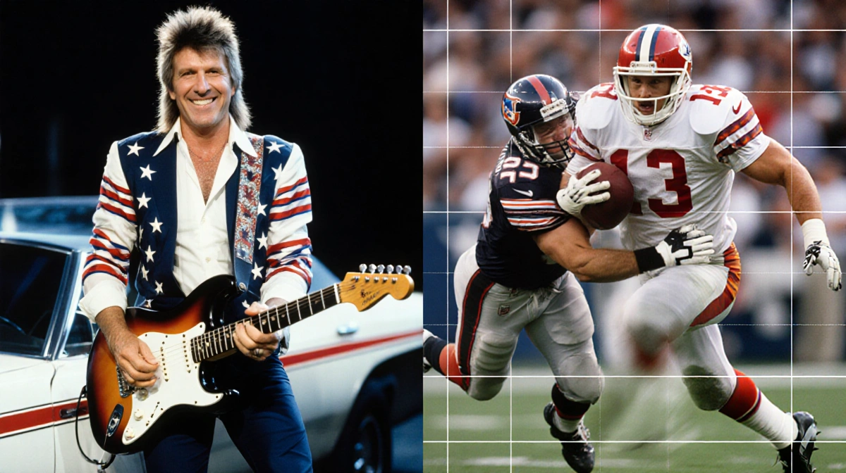 Jon Bon Jovi posing with guitar beside 90s American car and Jason Kelce tackling opponent with retro grid overlay