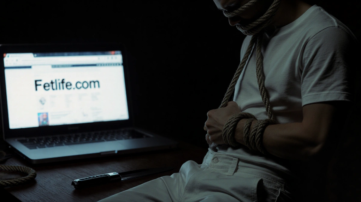 Submissive figure restrained in bondage by rope with knife nearby and blurred laptop screen in background