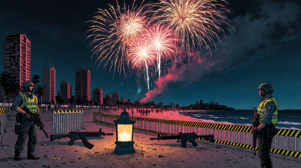 Fireworks light up Bondi Beach with lanterns at each end and police barricades.