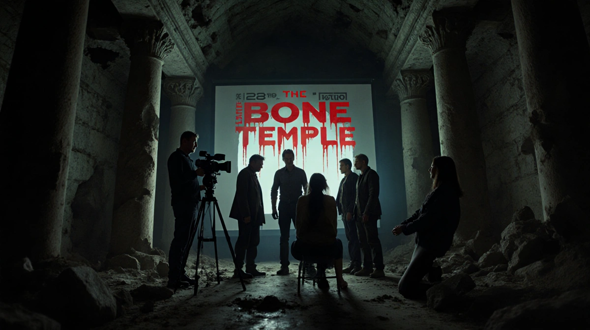 Danny Boyle directing cast on temple set with 28 Days Later logo and The Bone Temple title glowing behind
