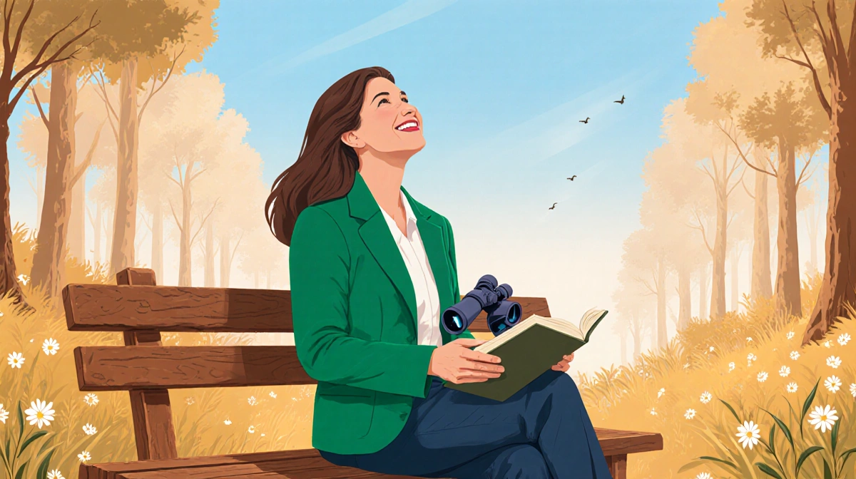 Bonnie Barczykowski sits on bench with book and binoculars in peaceful forest meadow