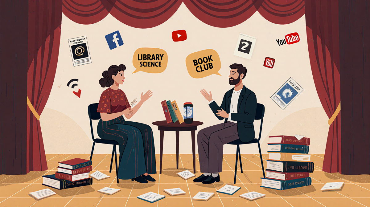 Authors converse on stage in a cozy book club with books notes and dialogue bubbles and subtle Instagram and YouTube logos.