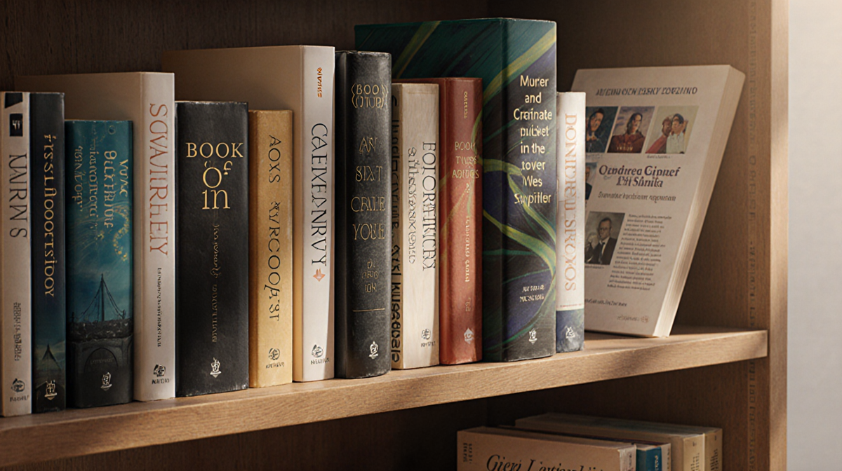 Bookshelf arranging diverse books for reading with open pages revealing author names and warm book club light
