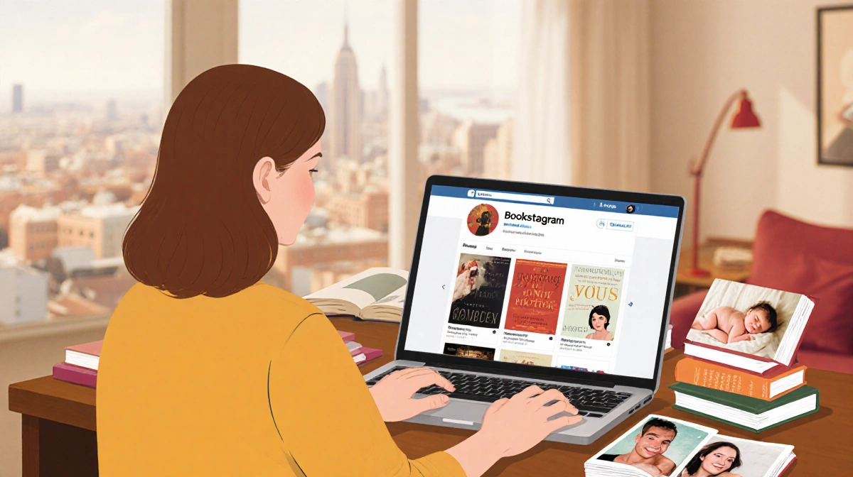 Woman blogging on laptop with book covers and baby photos showing her Bookstagram life and real motherhood