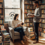 Mother cradling newborn in armchair with natural light and partner holding books in cozy bookstore