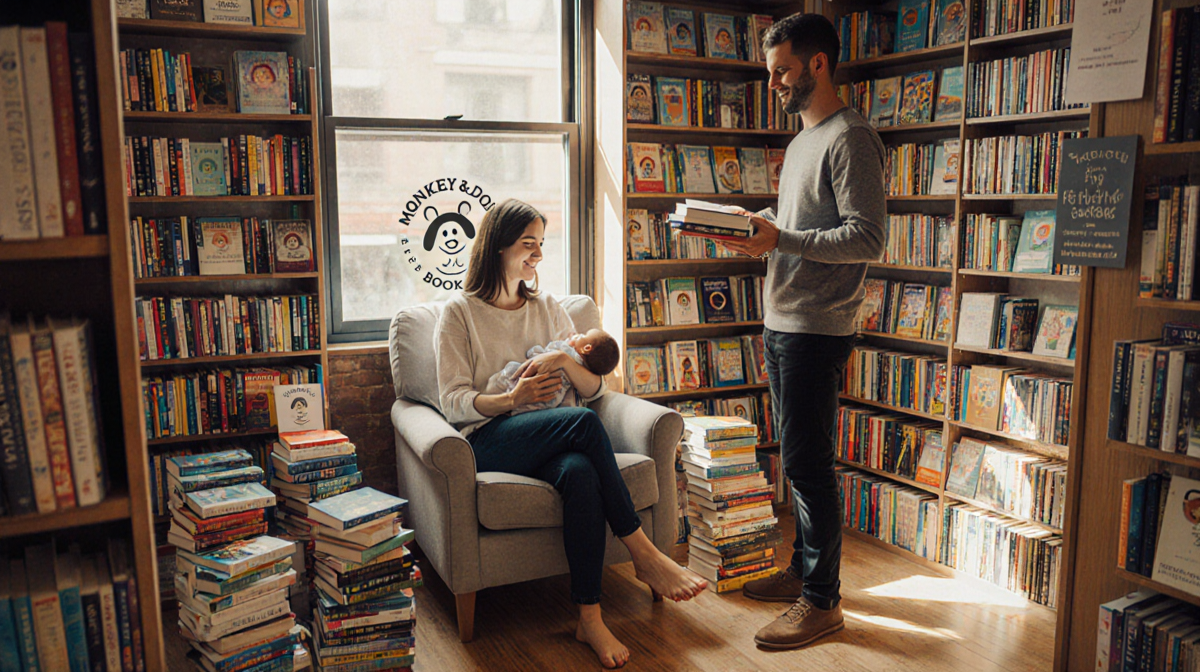 Mother cradling newborn in armchair with natural light and partner holding books in cozy bookstore