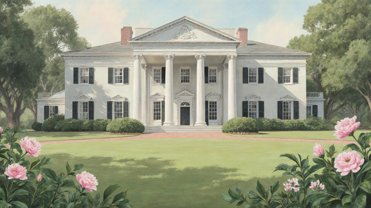 Historic Boone Hall plantation mansion stands with elegant columns and lush gardens showing symbolic flowers representing NAA