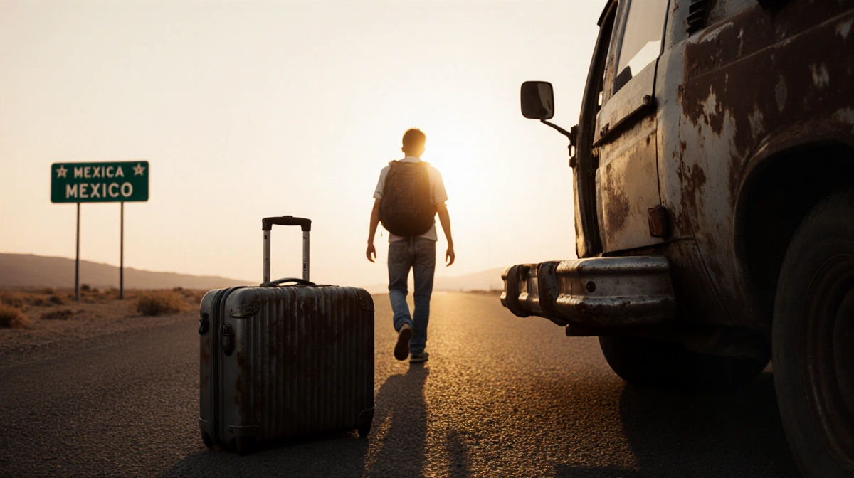 Young family member carrying backpack walks toward Mexico border with old suitcase and van at sunrise