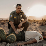 Border Patrol agent kneeling beside injured person with medical bag and cactus on rocky desert ground
