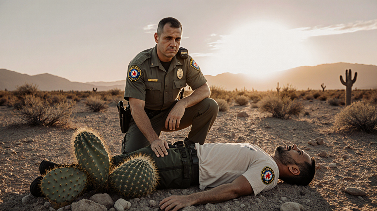 Border Patrol agent kneeling beside injured person with medical bag and cactus on rocky desert ground