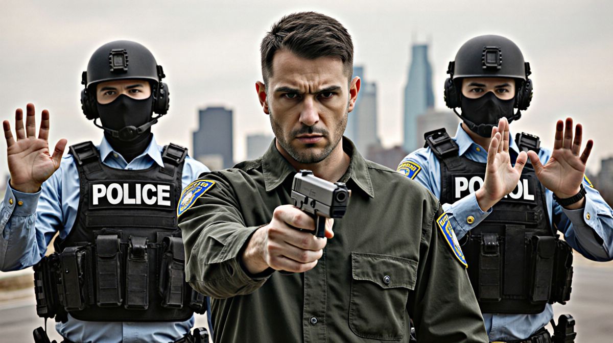 Alex Pretti holding a handgun with two Border Patrol officers standing with hands up near a blurred Minneapolis cityscape.