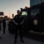 Border Patrol agent stands beside ICE armored vehicle with protesters holding signs at dusk