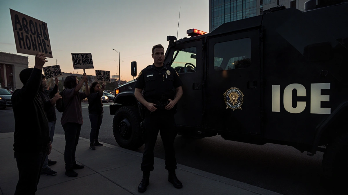 Border Patrol agent stands beside ICE armored vehicle with protesters holding signs at dusk