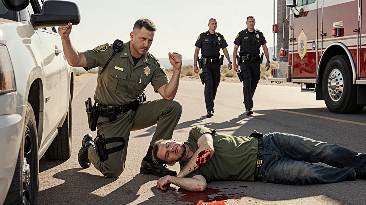Border Patrol officer kneels with arms raised near vehicle as bloodstained person lies clutching an arm investigators nearby.