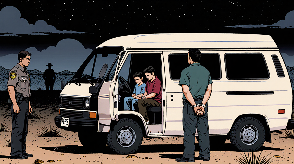 Perez holding van steering wheel with Morales bound behind back near night desert border.