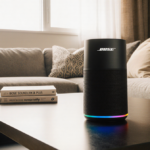 Bose speaker dominates coffee table in a living room with warm natural light and books and a refreshing drink