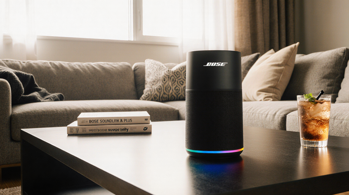 Bose speaker dominates coffee table in a living room with warm natural light and books and a refreshing drink