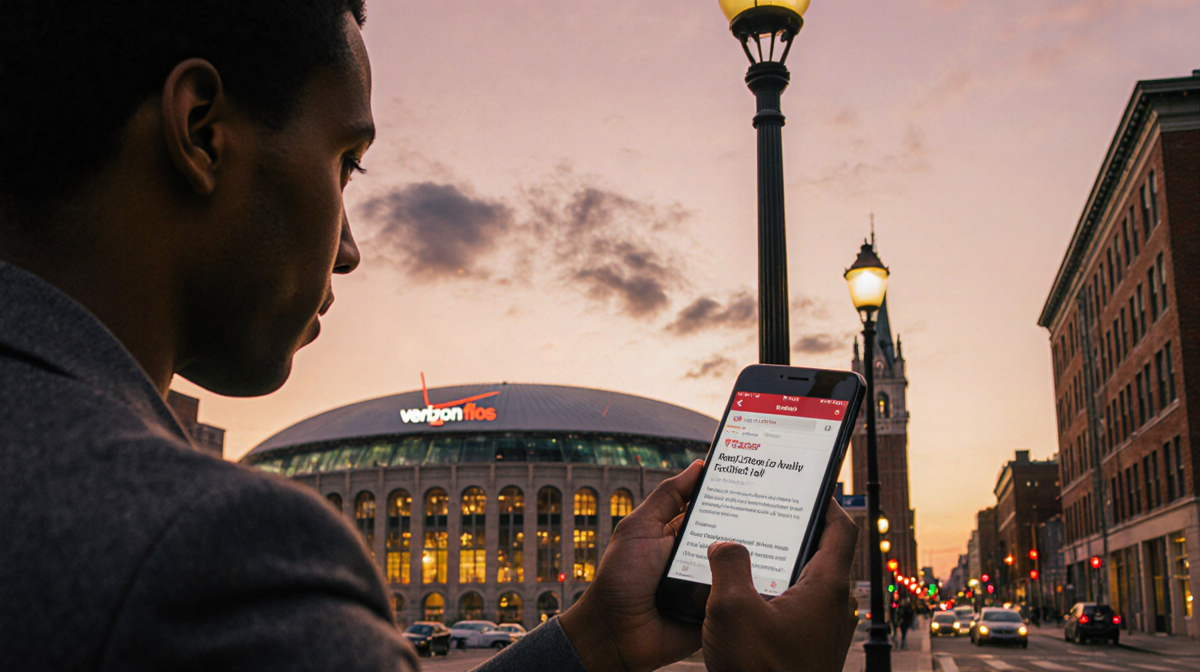 Person standing confidently near streetlamp with phone showing Verizon Fios router article title and Boston skyline