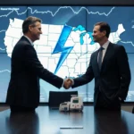 Boston Scientific CEO shaking hands with Penumbra CEO in modern conference room with stock screens and US map