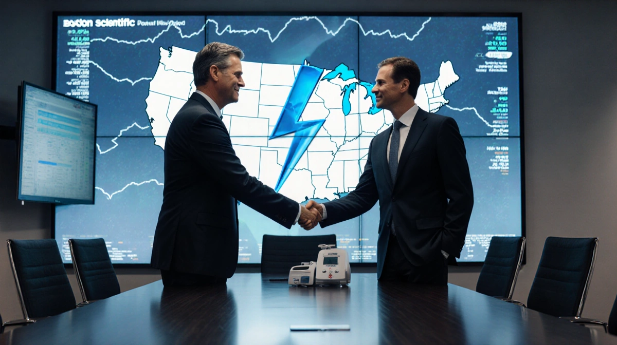 Boston Scientific CEO shaking hands with Penumbra CEO in modern conference room with stock screens and US map