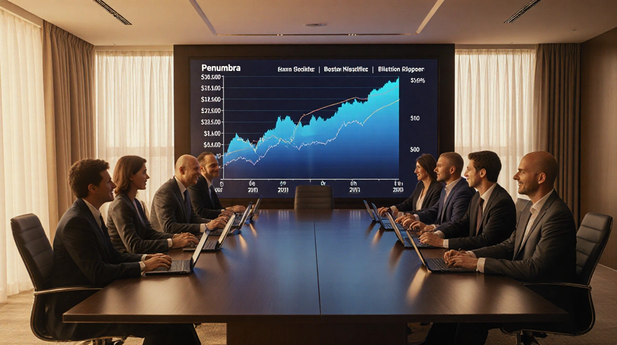 Executives celebrating merger with rising stock chart showing Penumbra growth and golden lighting