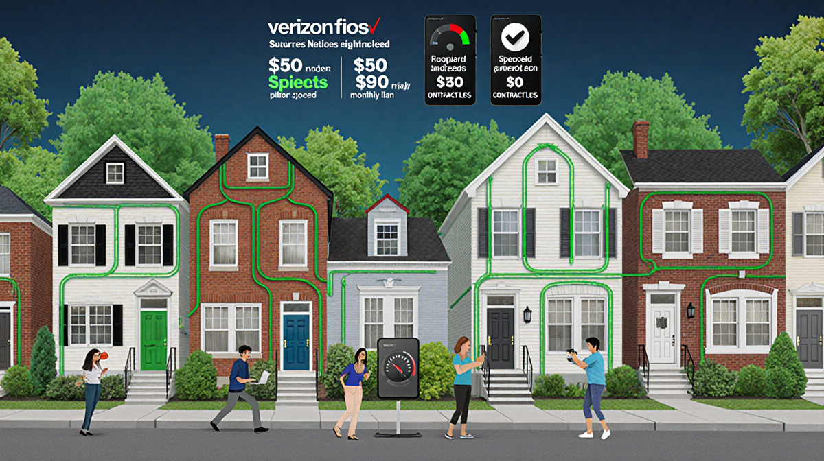 Residents video-conferencing with laptops on street of houses in green fiber-optic cables and Verizon speed gauges at 1G.
