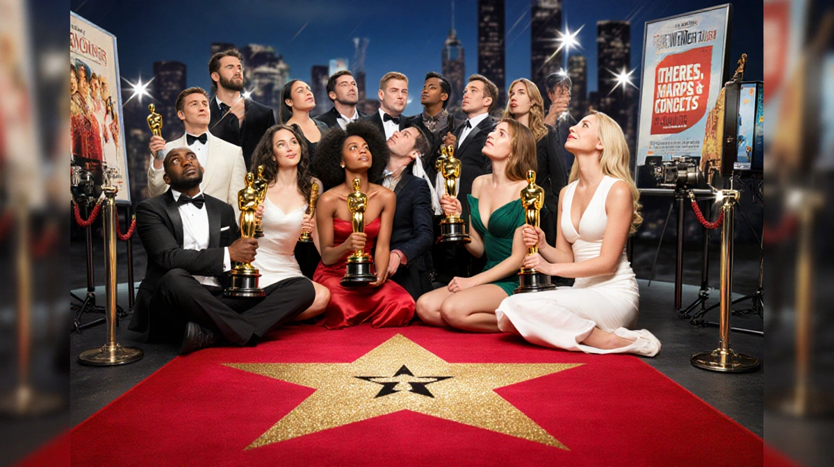 Ayo Edebiri and Rachel Sennott holding Oscars while looking up at their star-studded red carpet path with movie posters and f