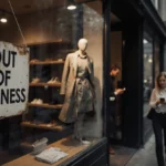 Closed boutique store with faded out of business sign and vintage mannequin in designer clothes while person texts on phone i