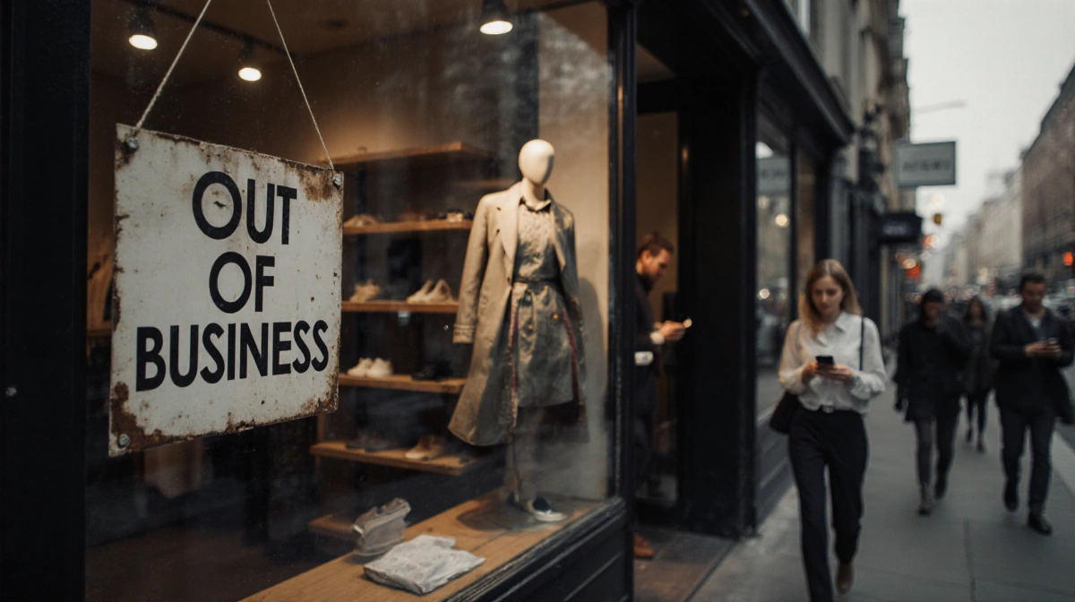Closed boutique store with faded out of business sign and vintage mannequin in designer clothes while person texts on phone i