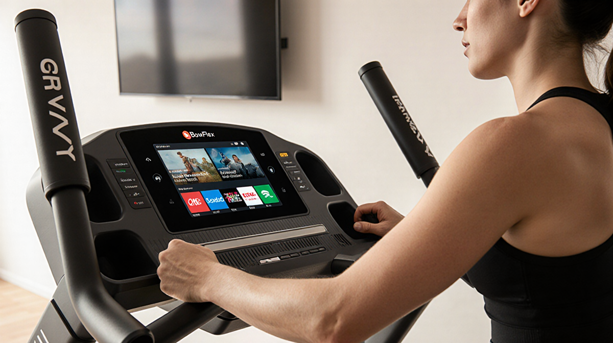 Person cycling on BowFlex Max Total 16 elliptical machine with touchscreen console and TV streaming in blurred background
