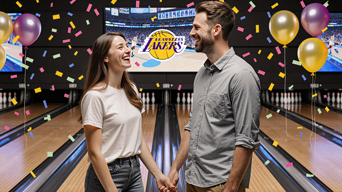 Couple holding hands and smiling at bowling lane with TV showing Lakers game surrounded by confetti.
