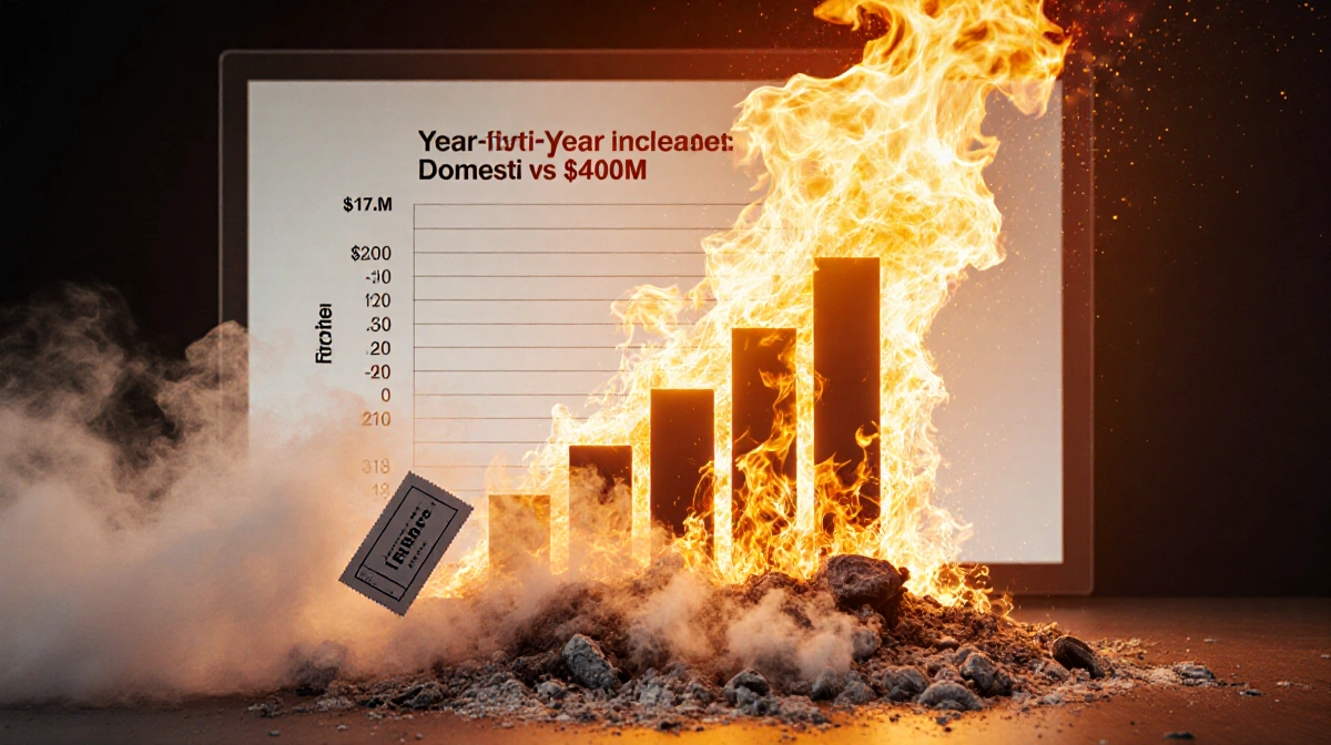 Bar graph rises through flames with ticket stub blowing away and multiplex screen visible behind