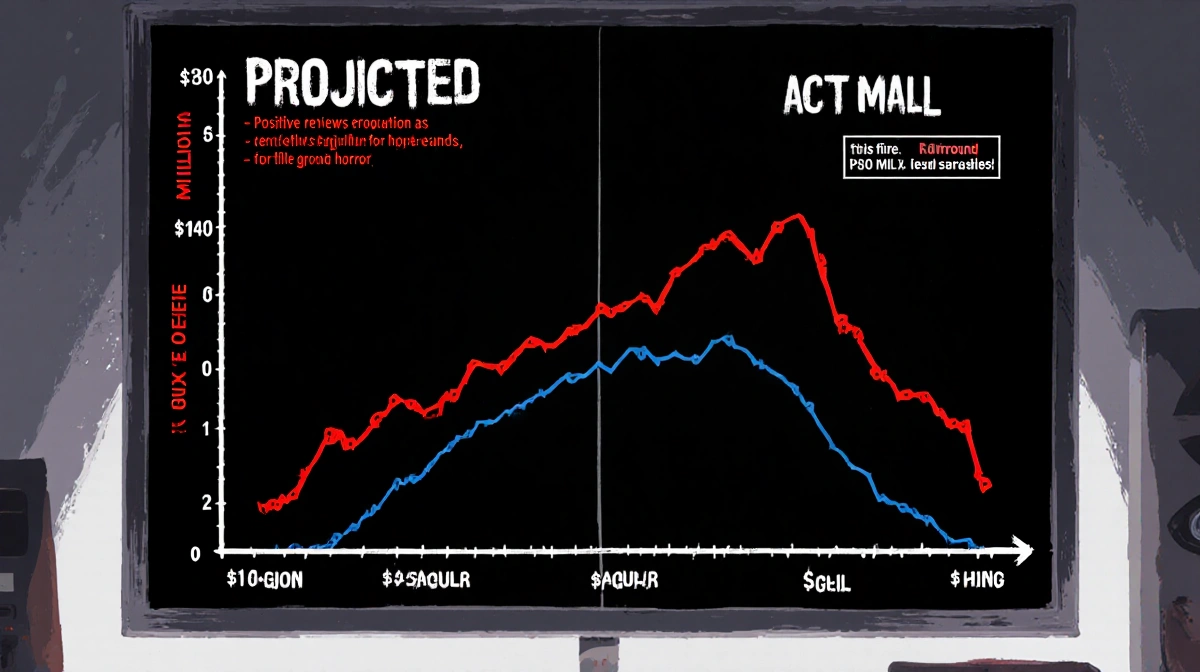 Split-screen graph showing predicted box office success versus disappointing actual earnings with downward trend and error si