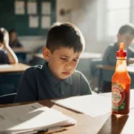Young boy sits at table with hot sauce bottle and school materials showing anxiety
