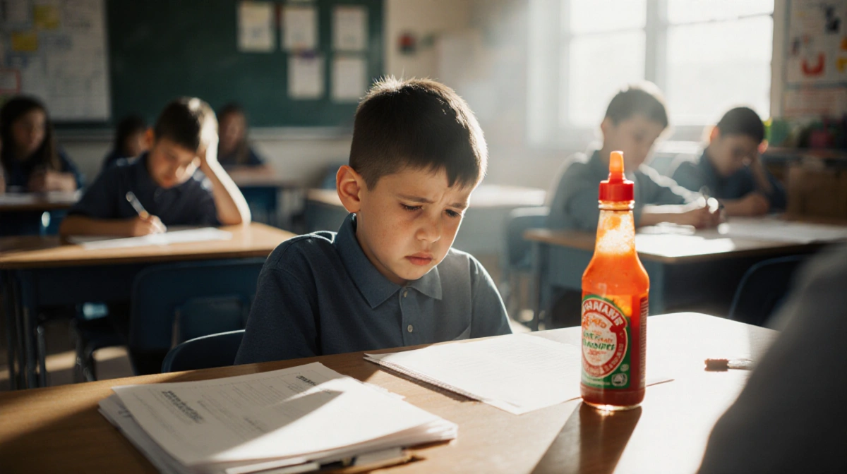 Young boy sits at table with hot sauce bottle and school materials showing anxiety