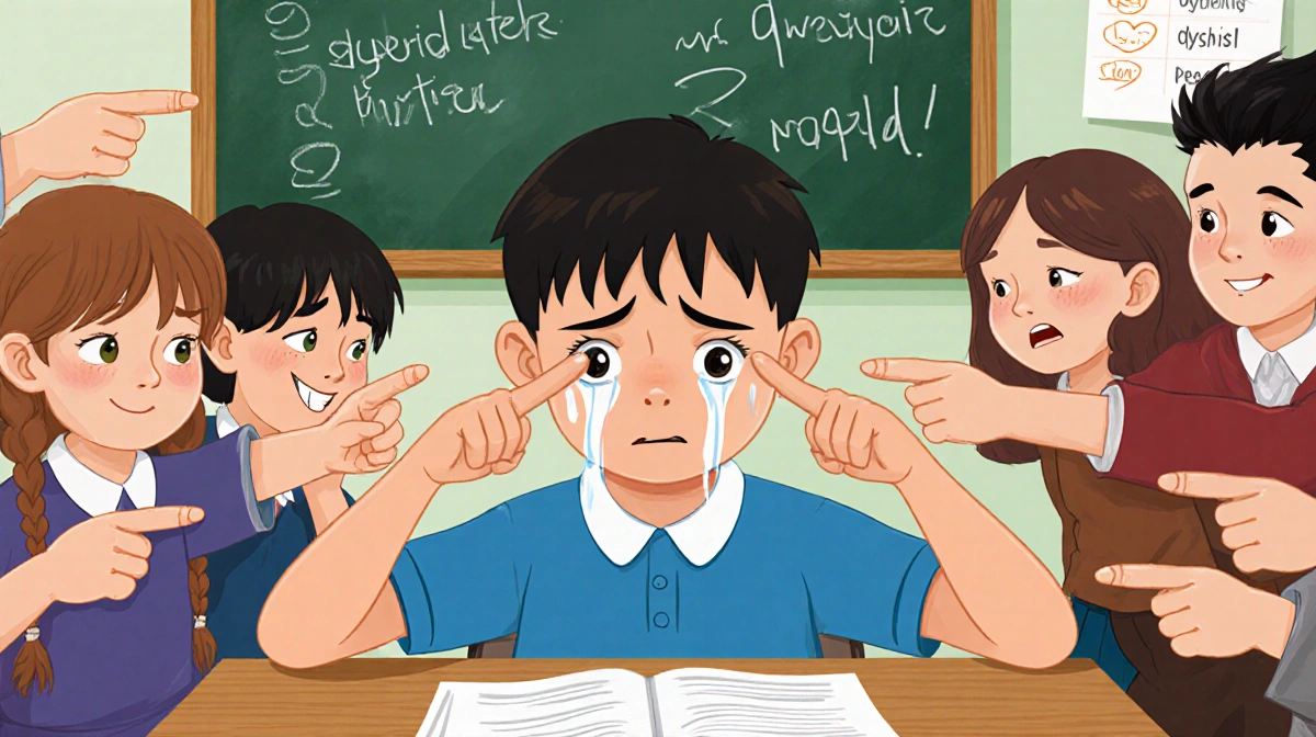 Young boy sitting alone at school desk with classmates pointing and making faces while dyslexic writing appears on chalkboard
