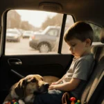 Boy looking down in a parked car backseat with golden light and a dog on his lap