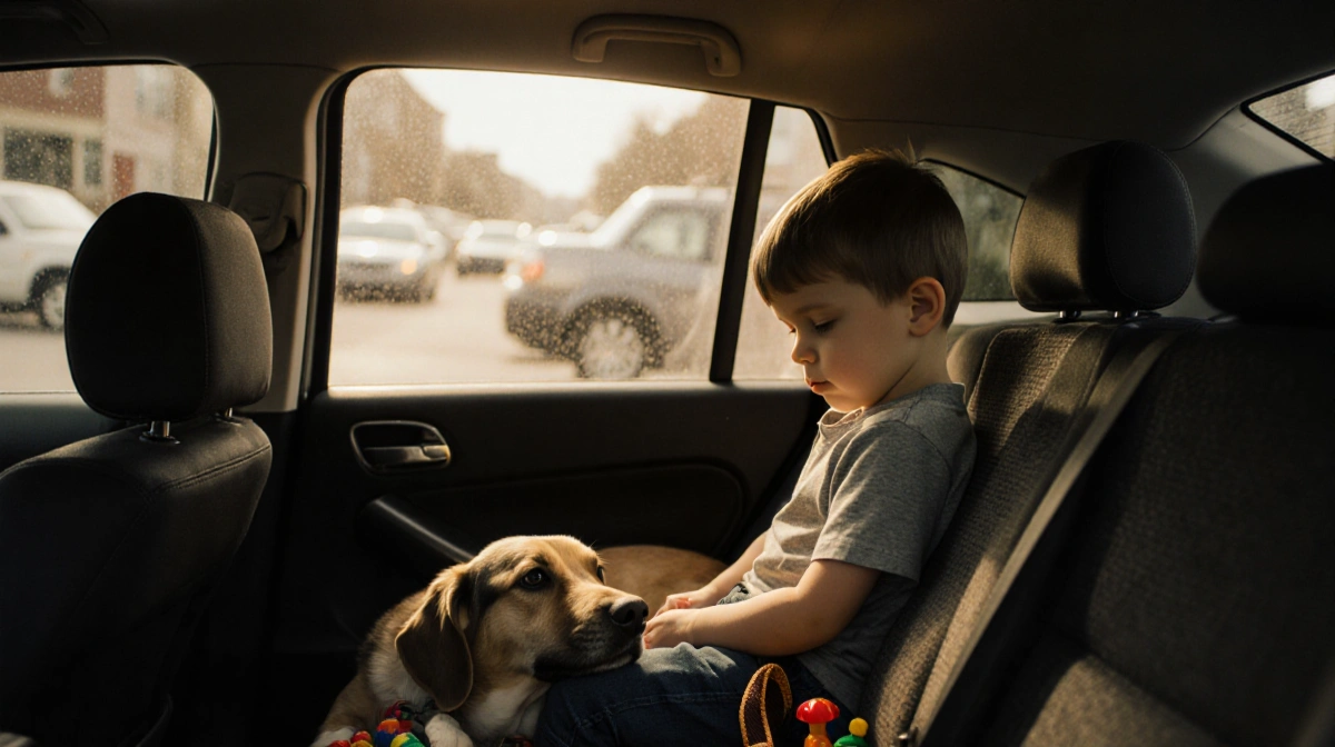 Boy looking down in a parked car backseat with golden light and a dog on his lap