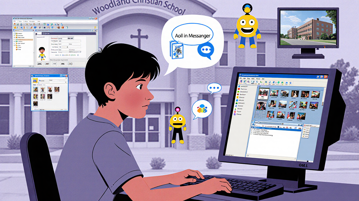 Boy sitting at computer with chatbots and photo editing software open and blurred school building in background