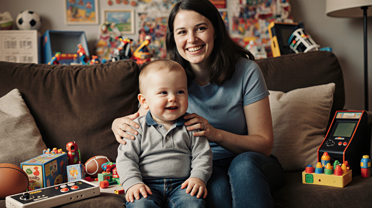 Boy sits on couch with mother smiling on his shoulder amid childhood toys and warm nostalgic glow