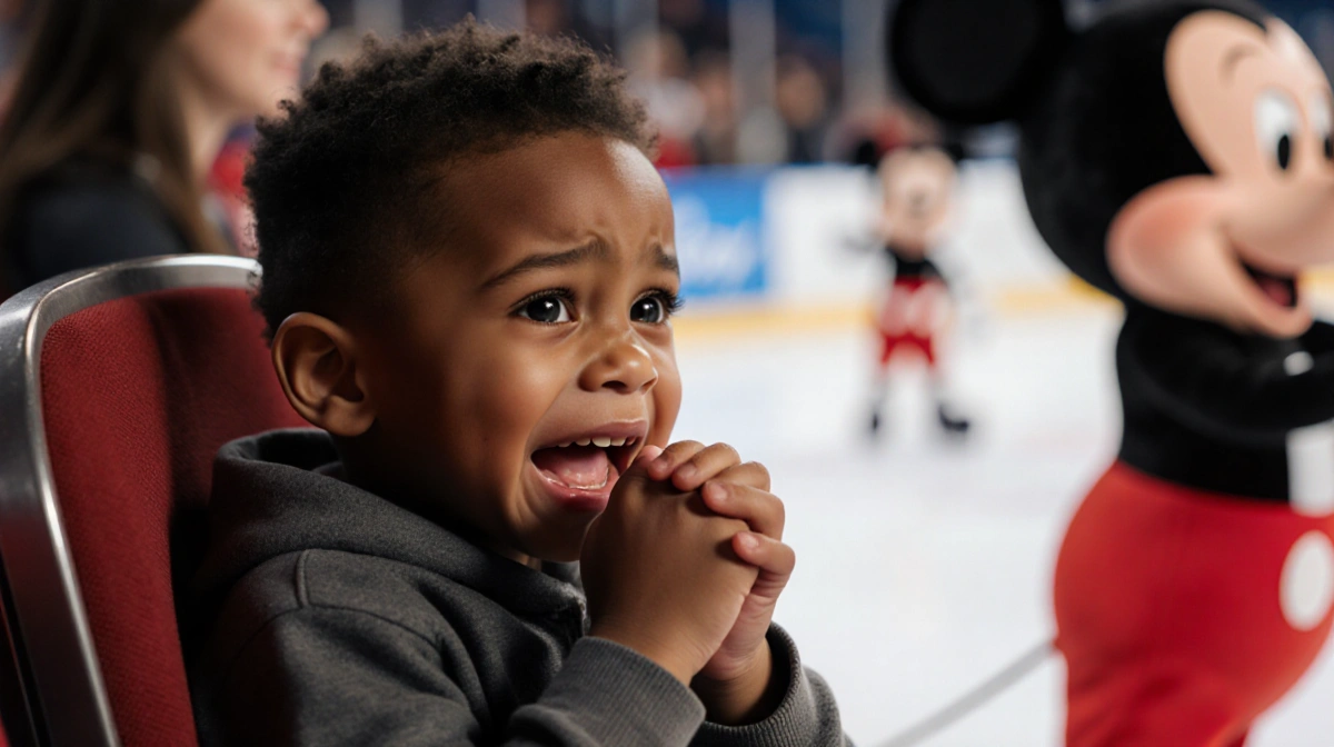 Young boy crying with excitement at Disney on Ice with Mickey Mouse visible in background