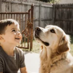 Boy laughing with golden retriever on sunny patio with broken gate behind
