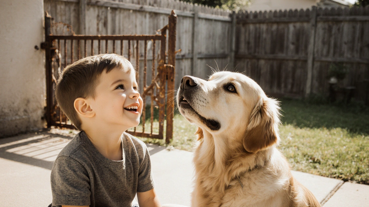 Boy laughing with golden retriever on sunny patio with broken gate behind
