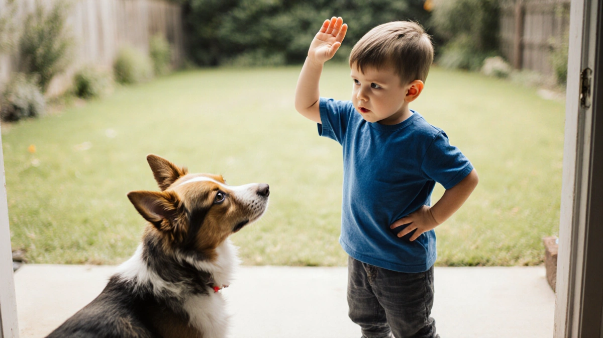 Young boy stands with hands on hips and finger raised making deal with attentive Jack Russell terrier showing big brown eyes