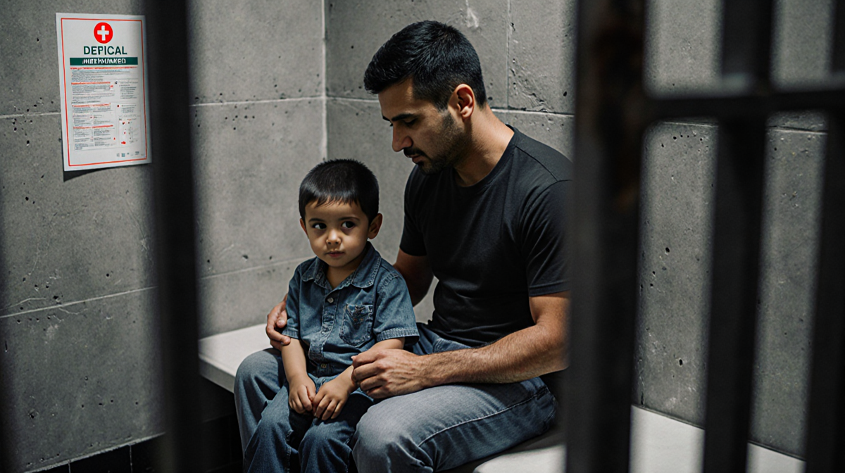 Young boy sitting with father holding his hand in a sterile detention center with concrete walls and metal bars
