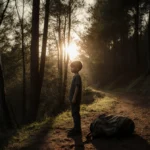 Teen boy stands at forest edge with backpack on ground and sunset light filtering through trees