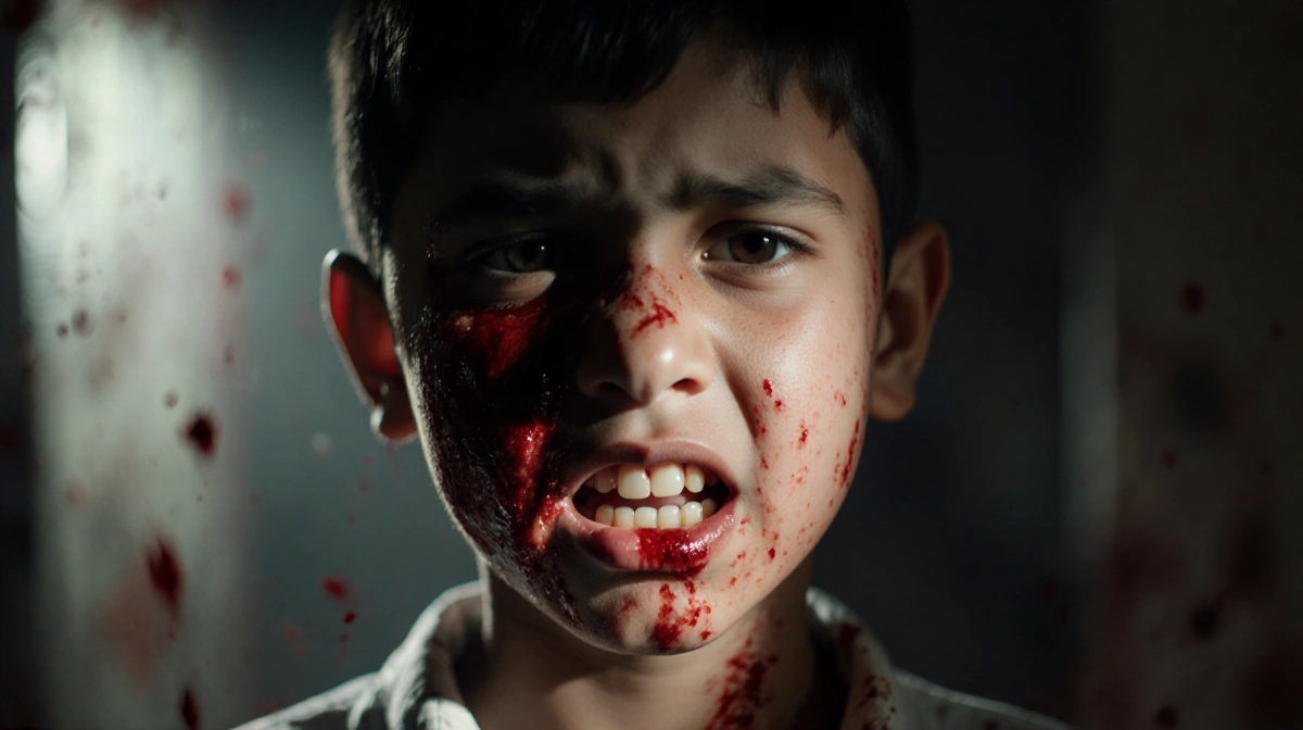 Young boy's face showing gunshot wound with blood and missing teeth in dim lighting