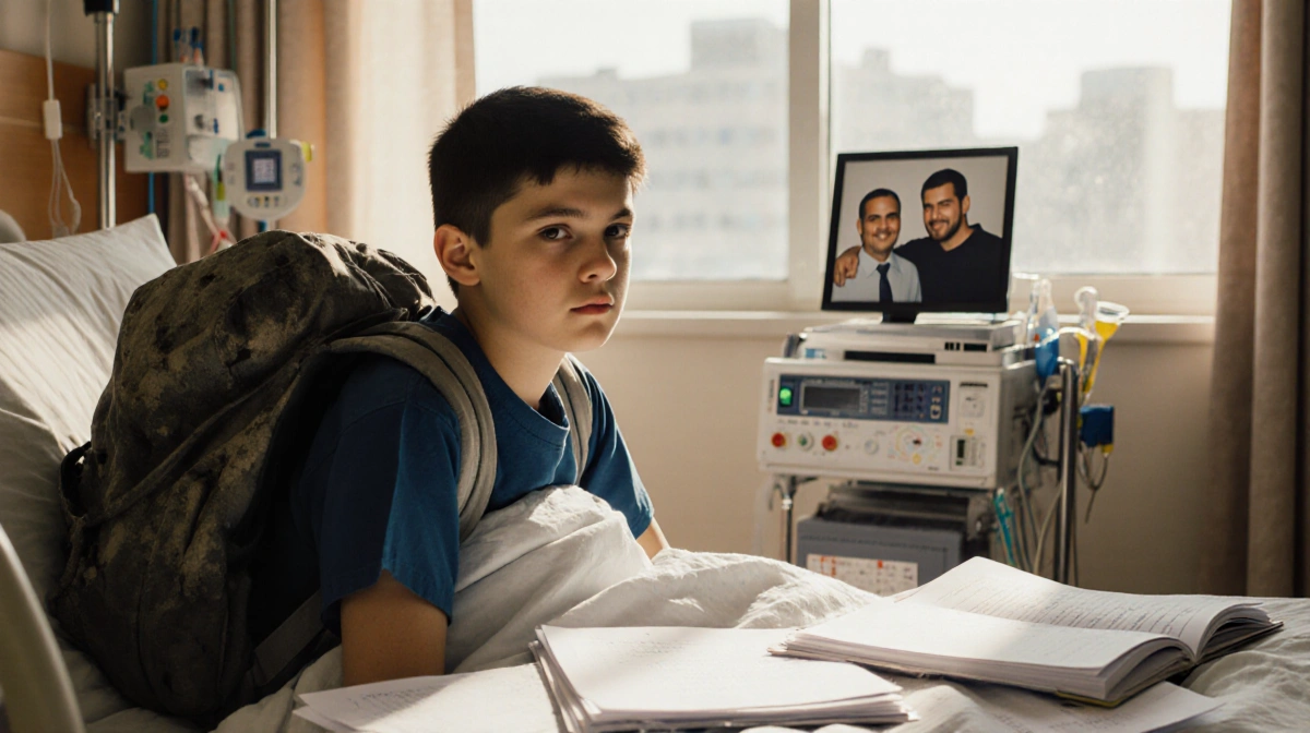Young boy sits on hospital bed with photo of his father and scattered lab results in front warm light casting hope