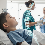 Boy lying on hospital bed with casts on spine and X-ray overlay shows fractured vertebrae while medical team attends.