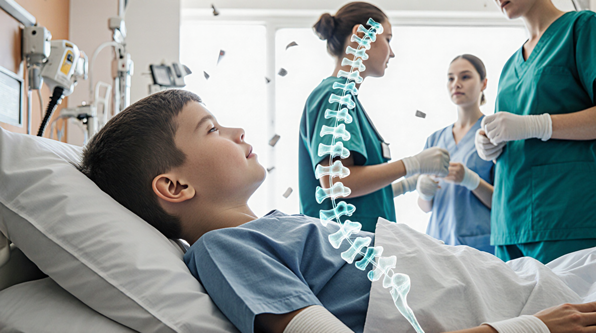Boy lying on hospital bed with casts on spine and X-ray overlay shows fractured vertebrae while medical team attends.